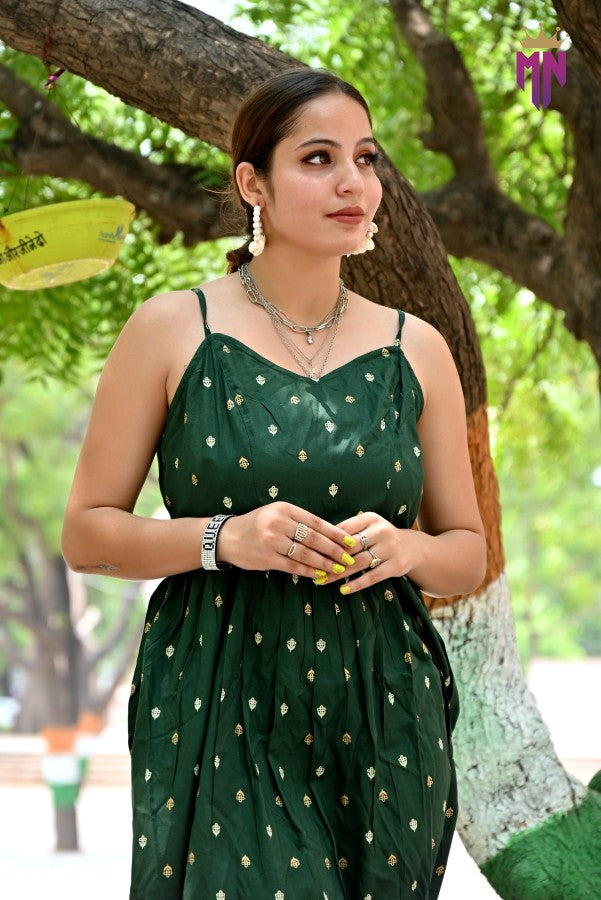 INDOSCART Women’s Green Cotton Maxi Dress | Sleeveless Golden Printed Long Dress