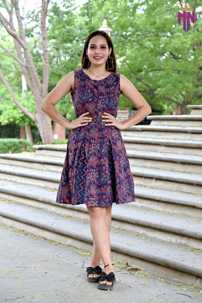 INDOSCART Women’s Cotton A-Line Dress | Sleeveless Printed Knee-Length Dress