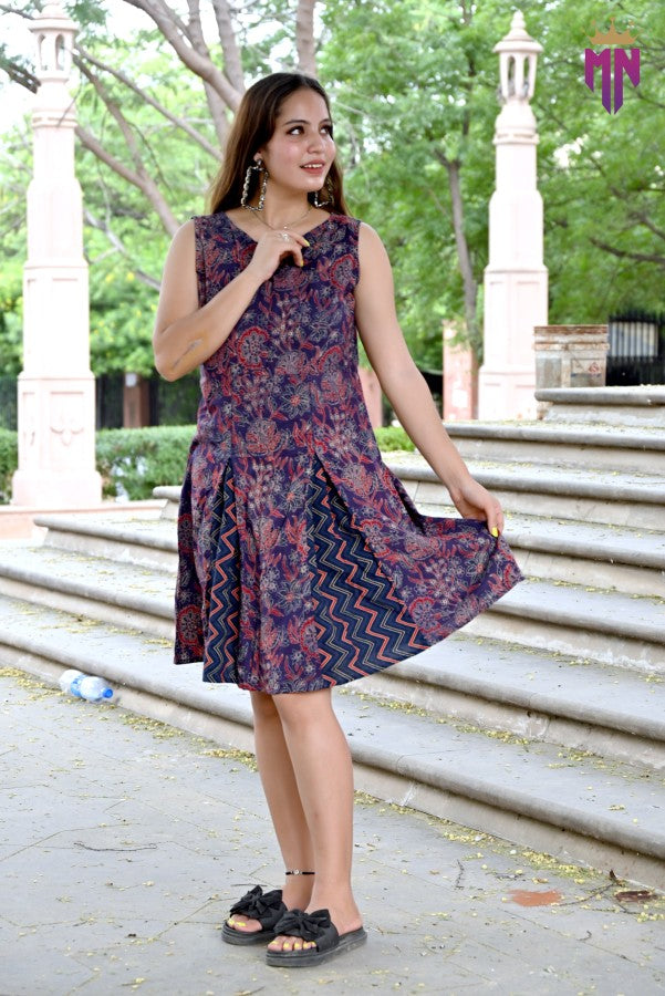 INDOSCART Women’s Cotton A-Line Dress | Sleeveless Printed Knee-Length Dress