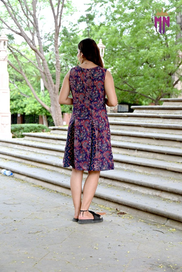 INDOSCART Women’s Cotton A-Line Dress | Sleeveless Printed Knee-Length Dress