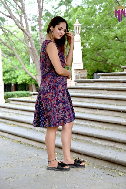 INDOSCART Women’s Cotton A-Line Dress | Sleeveless Printed Knee-Length Dress