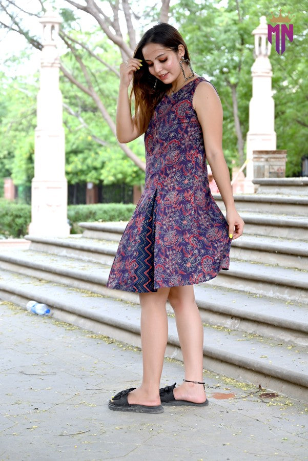 INDOSCART Women’s Cotton A-Line Dress | Sleeveless Printed Knee-Length Dress