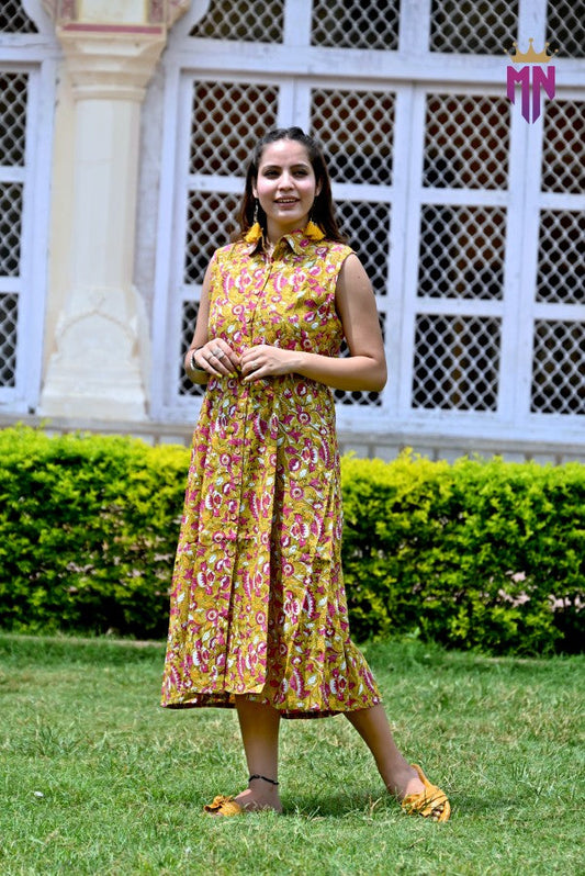 INDOSCART Women’s Yellow Cotton Midi Dress | Sleeveless Floral Shirt Style Dress