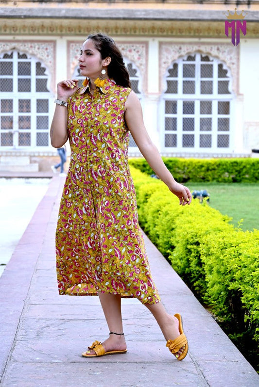 INDOSCART Women’s Yellow Cotton Midi Dress | Sleeveless Floral Shirt Style Dress