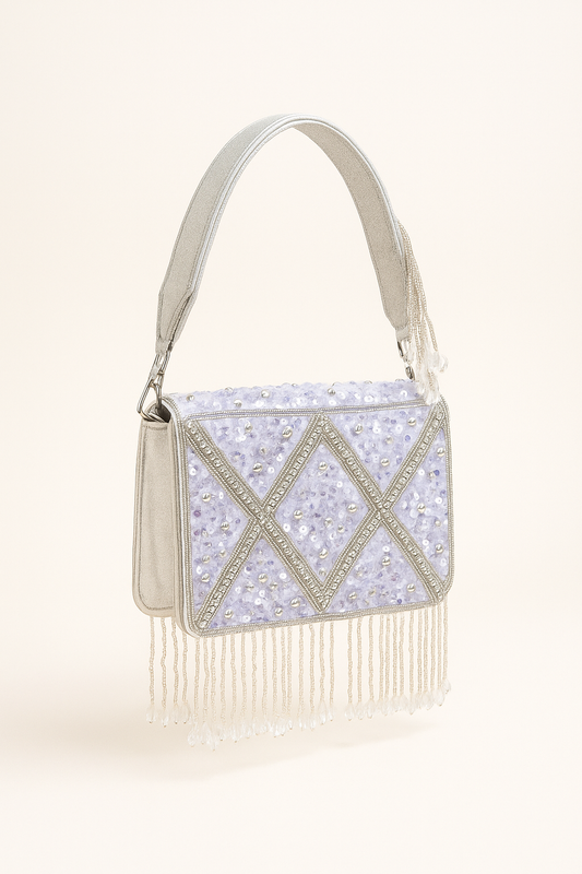 Lavender Sequin Handbag with Crystal Tassels – Bridal & Party Beaded Clutch