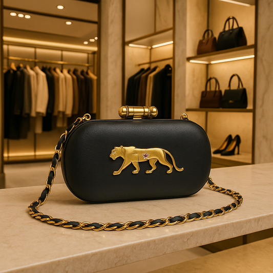 Indoscart Luxury Black Panther Clutch – Designer Leather Evening Bag with Gold Chain & Embellished Panther Emblem