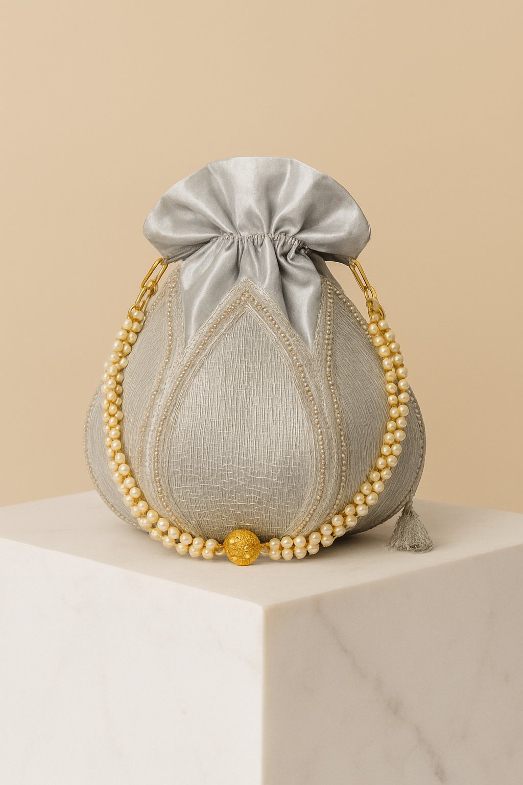 Elegant Silver Potli Bag – Bridal Handbag with Pearl Handle & Crystal Embellishments