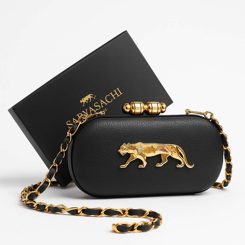 Indoscart Luxury Black Panther Clutch – Designer Leather Evening Bag with Gold Chain & Embellished Panther Emblem