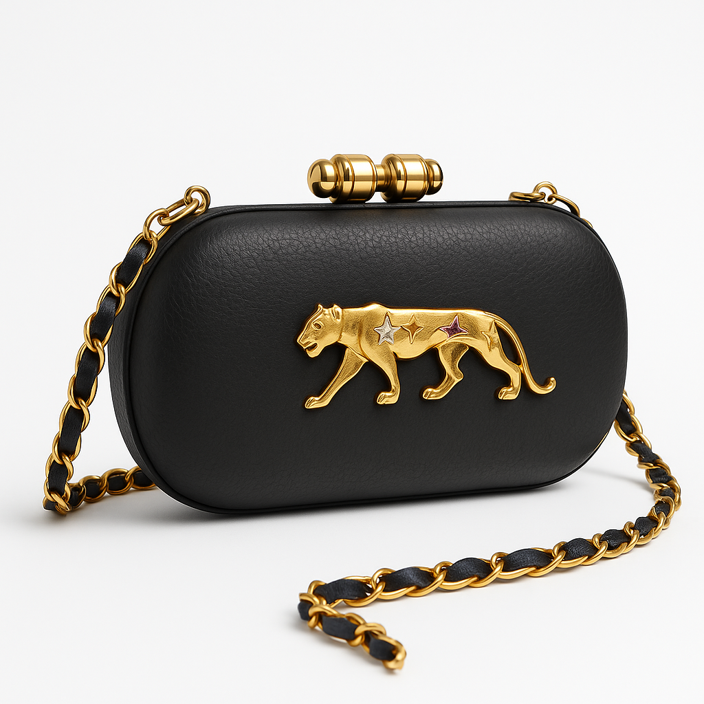 Indoscart Luxury Black Panther Clutch – Designer Leather Evening Bag with Gold Chain & Embellished Panther Emblem
