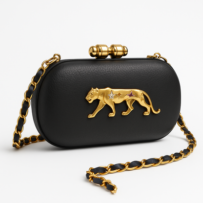 Indoscart Luxury Black Panther Clutch – Designer Leather Evening Bag with Gold Chain & Embellished Panther Emblem