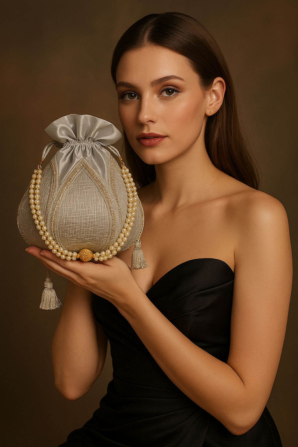 Elegant Silver Potli Bag – Bridal Handbag with Pearl Handle & Crystal Embellishments