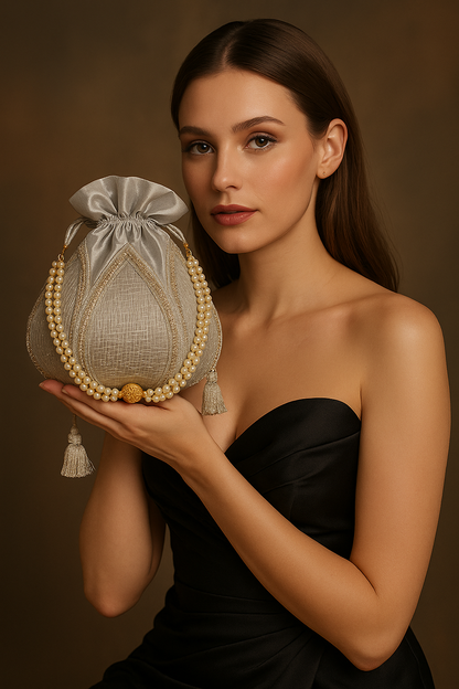 Elegant Silver Potli Bag – Bridal Handbag with Pearl Handle & Crystal Embellishments