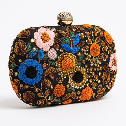 Black Embroidered Floral Clutch with Beads & Sequins – Party Wear Box Clutch for Women
