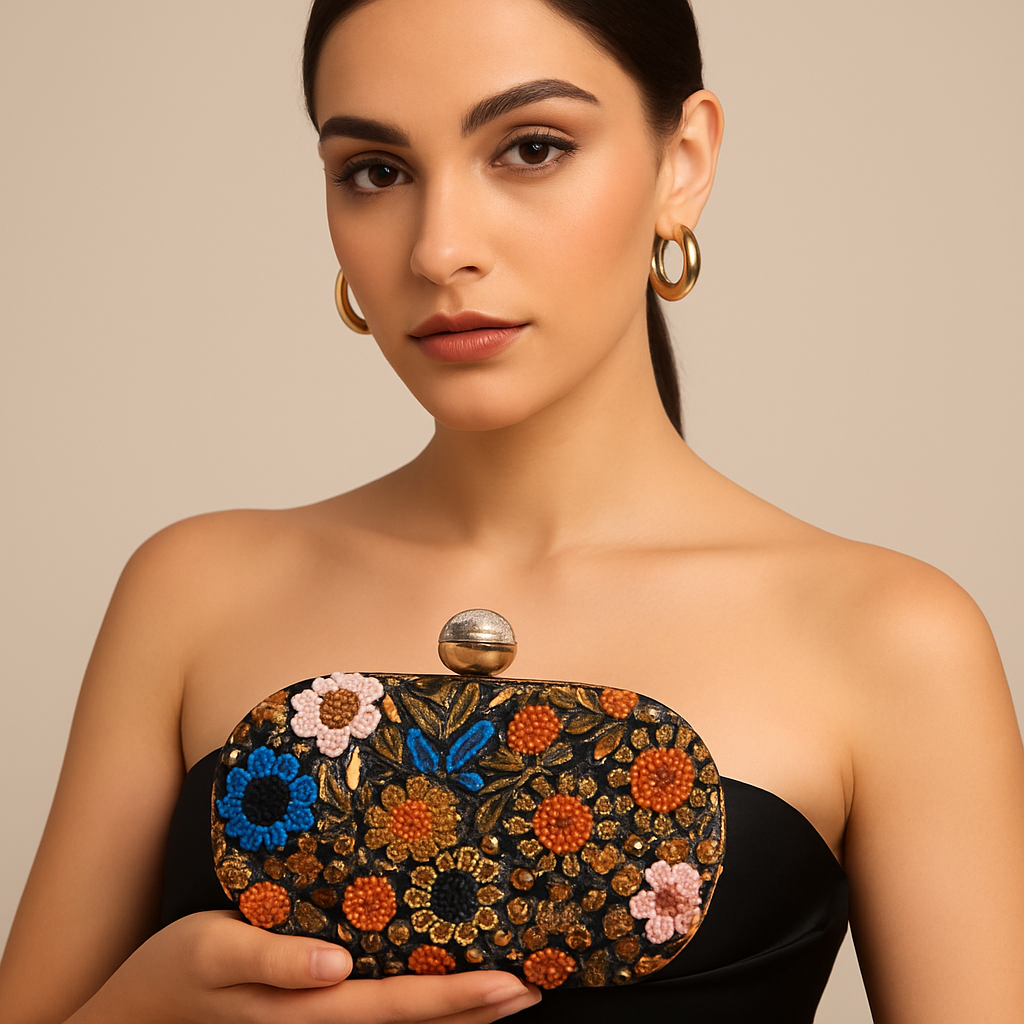 Black Embroidered Floral Clutch with Beads & Sequins – Party Wear Box Clutch for Women