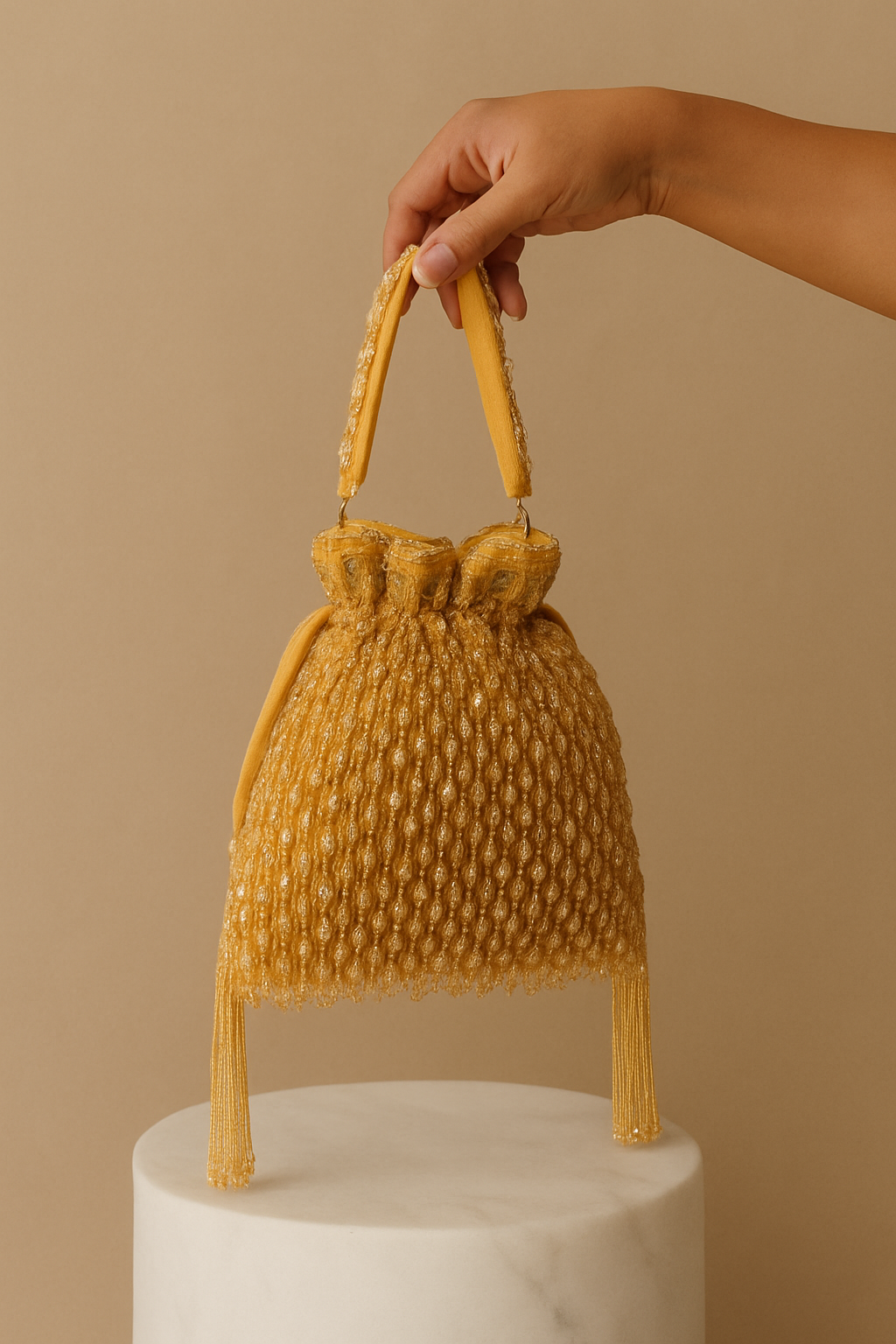 Golden Beaded Potli Bag with Crystal Drops – Indian Wedding & Party Purse