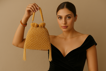 Golden Beaded Potli Bag with Crystal Drops – Indian Wedding & Party Purse