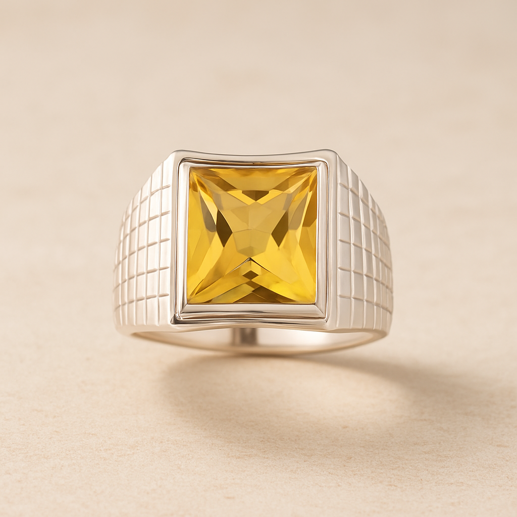 Men’s 925 Sterling Silver Ring with Yellow Citrine Stone – Bold Square Statement Ring