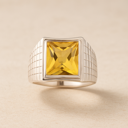 Men’s 925 Sterling Silver Ring with Yellow Citrine Stone – Bold Square Statement Ring