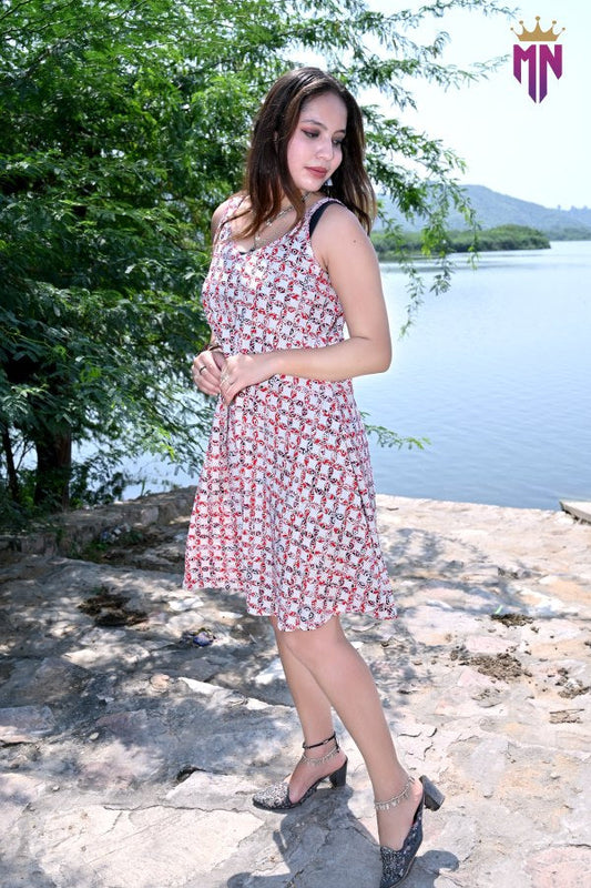 INDOSCART Women’s White & Red Printed Cotton Sleeveless A-Line Mini Dress | Casual Summer Dress