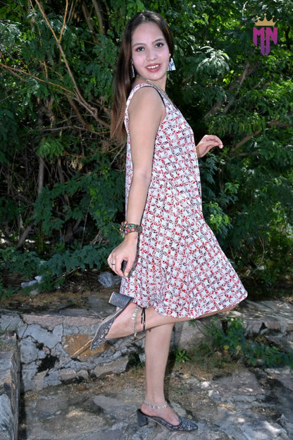 INDOSCART Women’s White & Red Printed Cotton Sleeveless A-Line Mini Dress | Casual Summer Dress