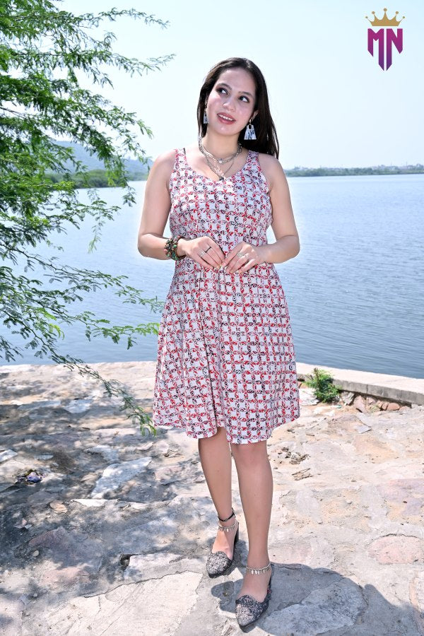 INDOSCART Women’s White & Red Printed Cotton Sleeveless A-Line Mini Dress | Casual Summer Dress