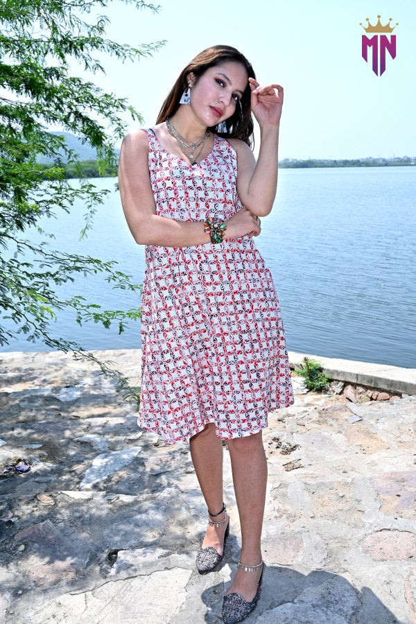 INDOSCART Women’s White & Red Printed Cotton Sleeveless A-Line Mini Dress | Casual Summer Dress
