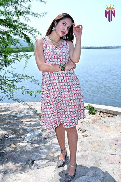 INDOSCART Women’s White & Red Printed Cotton Sleeveless A-Line Mini Dress | Casual Summer Dress