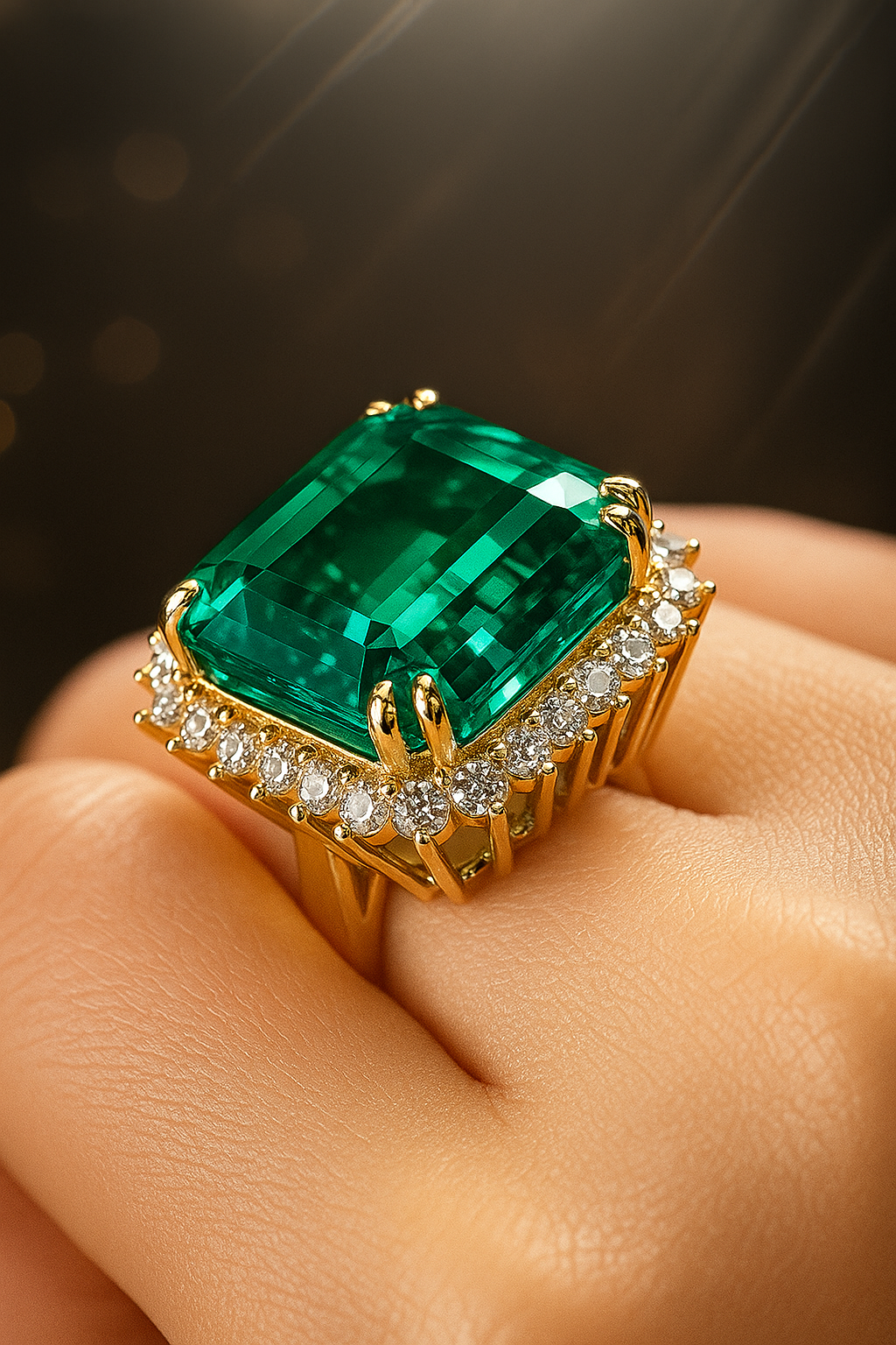 925 Sterling Silver Emerald Cut Green Stone Ring with Diamond Halo – Luxury Statement Ring for Women
