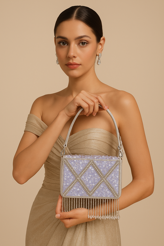 Lavender Sequin Handbag with Crystal Tassels – Bridal & Party Beaded Clutch