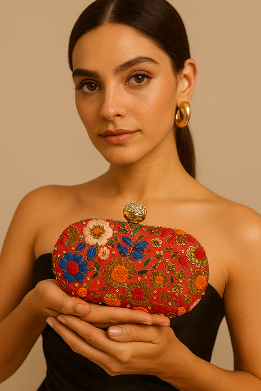 Red Embroidered Floral Box Clutch – Handcrafted Multicolor Party Clutch for Women