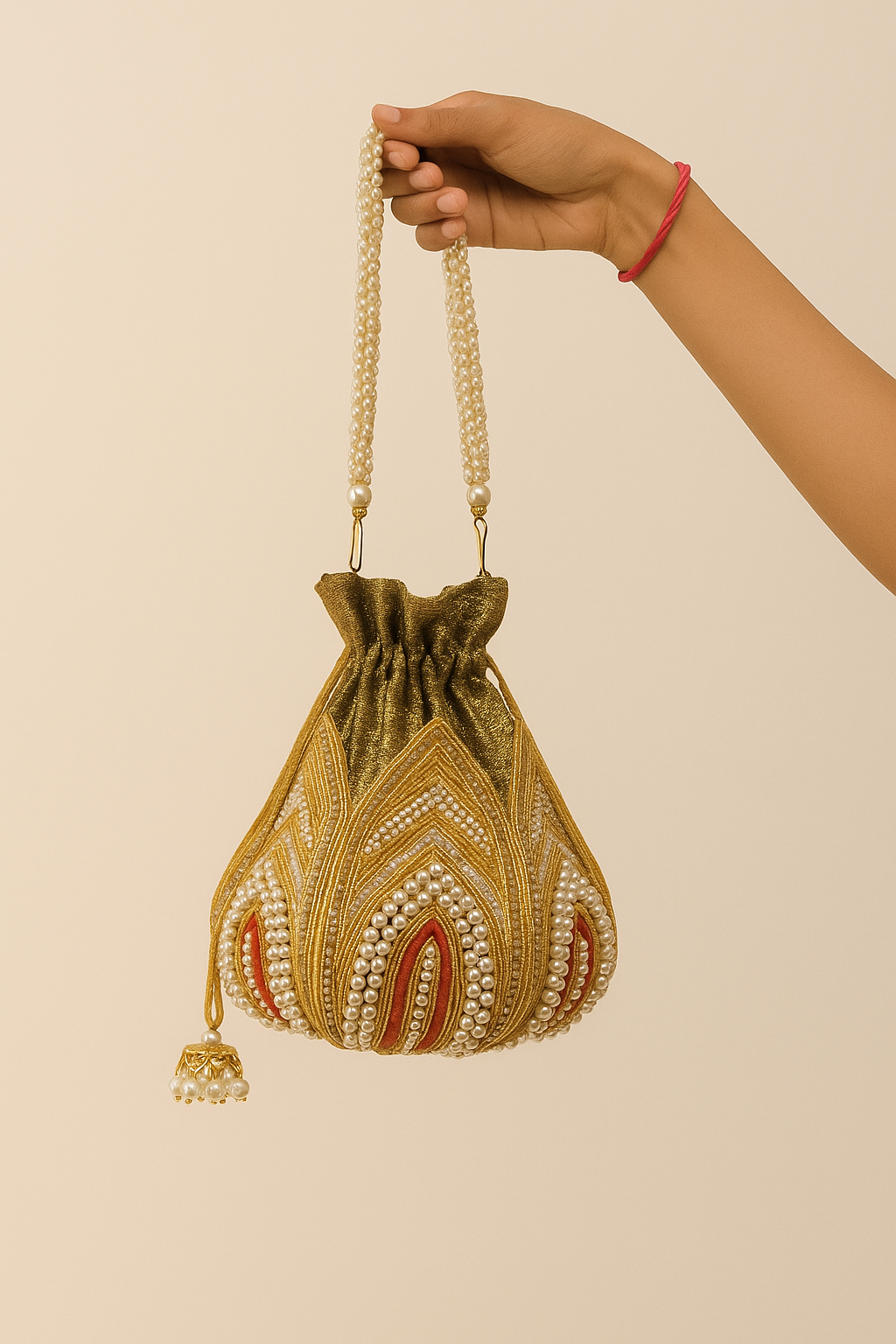 Traditional Olive-Gold Potli Bag with Pearl Handle & Beaded Embroidery – Bridal & Ethnic Purse