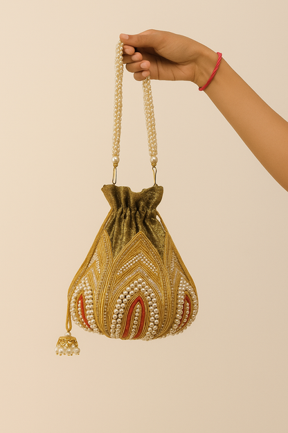 Traditional Olive-Gold Potli Bag with Pearl Handle & Beaded Embroidery – Bridal & Ethnic Purse