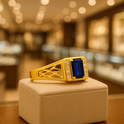 Men’s Gold-Plated Ring with Blue Sapphire & CZ Diamonds – Royal Statement Jewelry