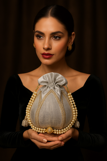 Elegant Silver Potli Bag – Bridal Handbag with Pearl Handle & Crystal Embellishments