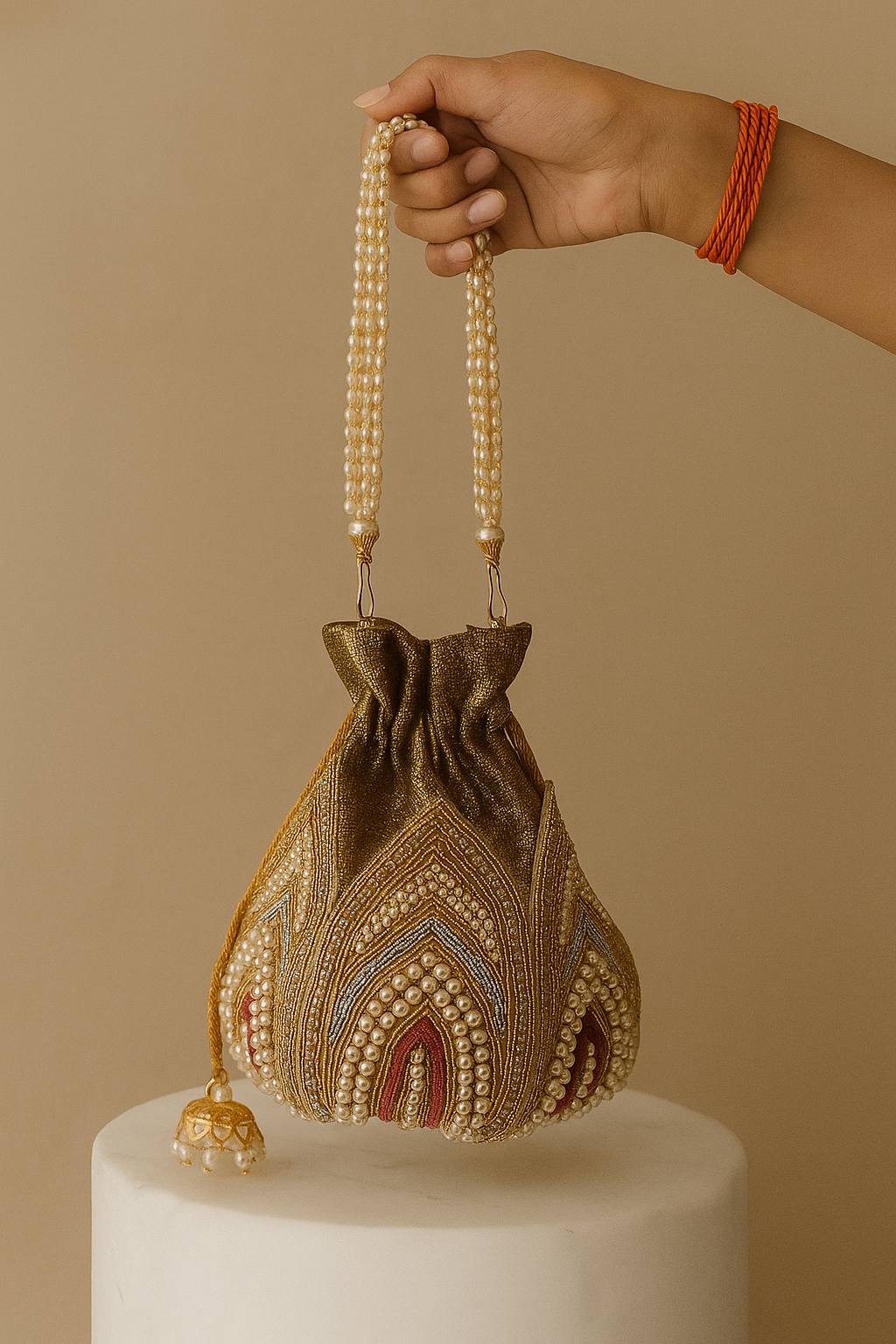 Traditional Olive-Gold Potli Bag with Pearl Handle & Beaded Embroidery – Bridal & Ethnic Purse