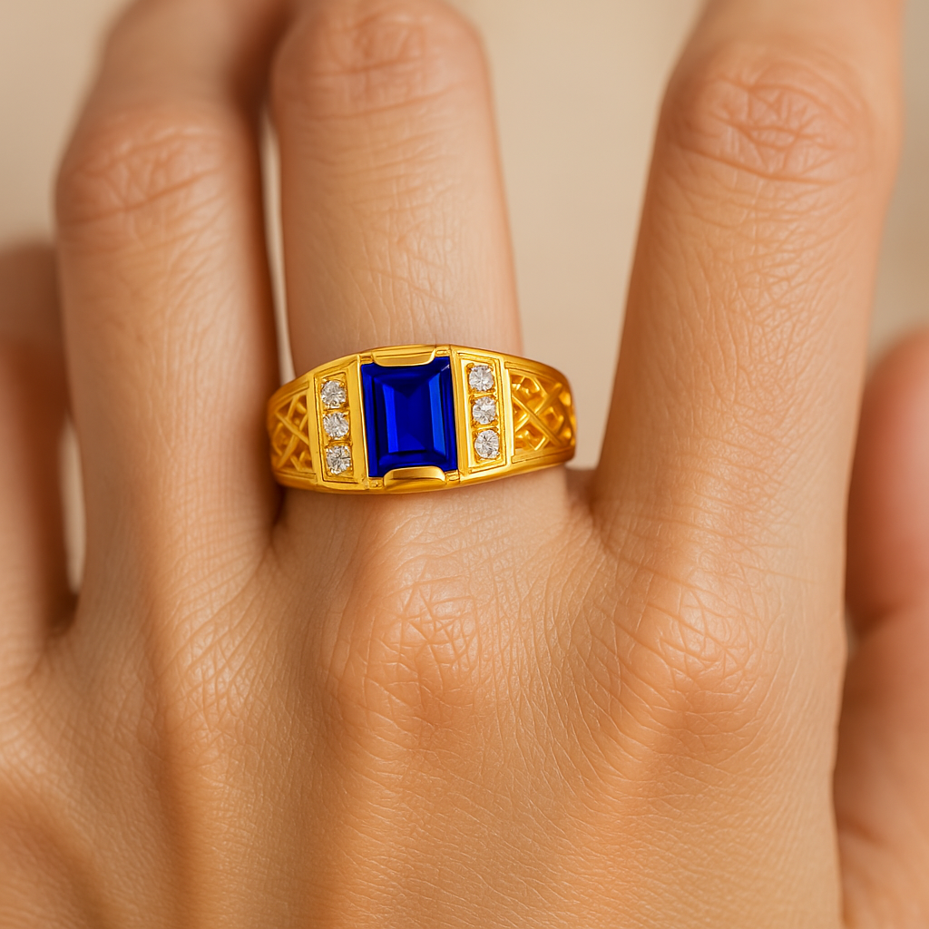 Men’s Gold-Plated Ring with Blue Sapphire & CZ Diamonds – Royal Statement Jewelry