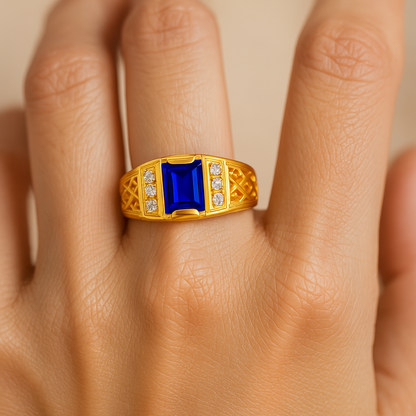 Men’s Gold-Plated Ring with Blue Sapphire & CZ Diamonds – Royal Statement Jewelry