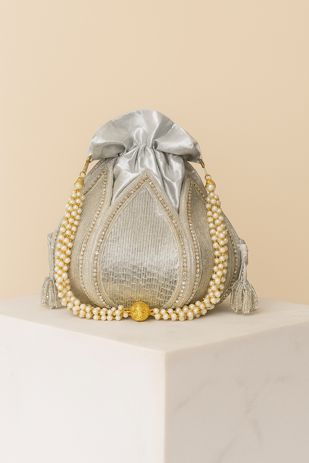 Elegant Silver Potli Bag – Bridal Handbag with Pearl Handle & Crystal Embellishments