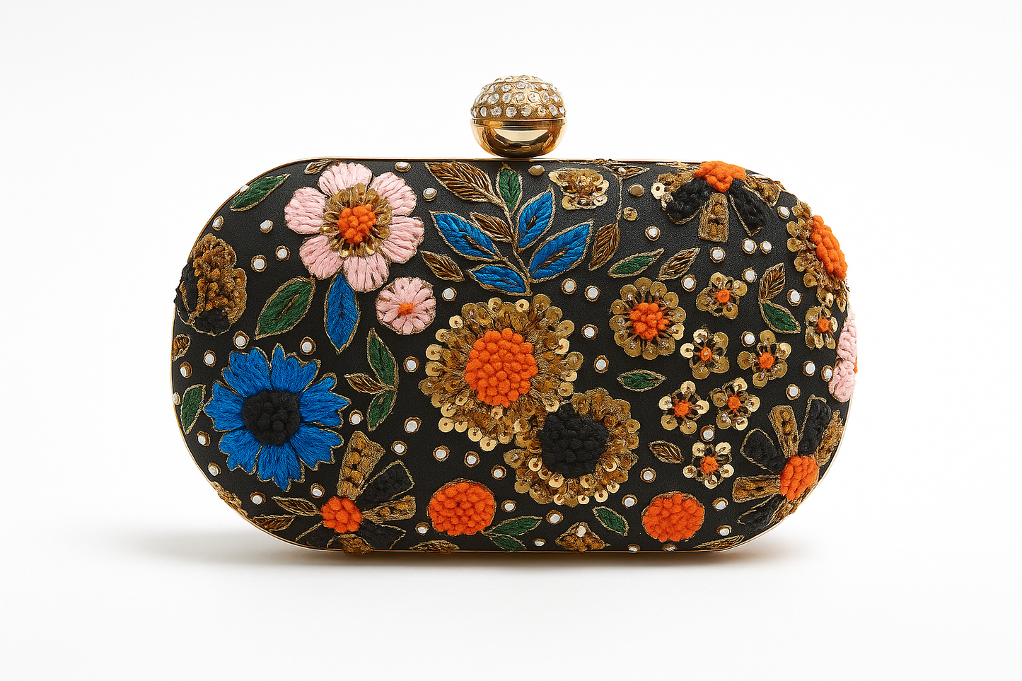 Black Embroidered Floral Clutch with Beads & Sequins – Party Wear Box Clutch for Women