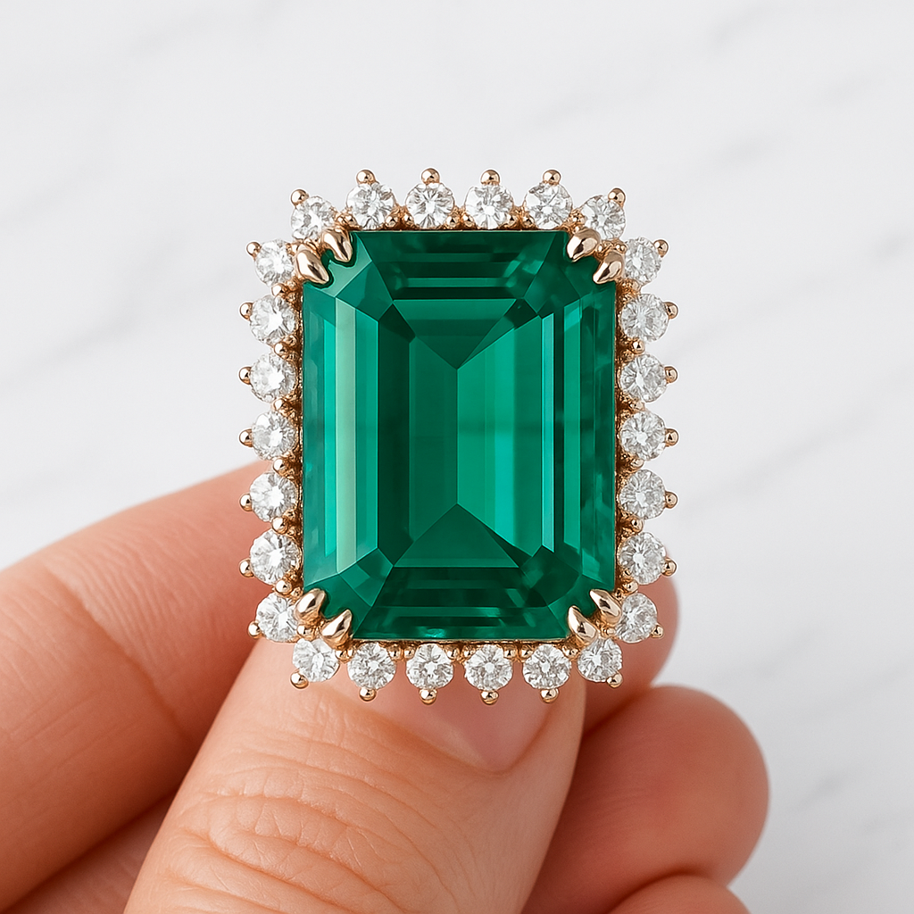 925 Sterling Silver Emerald Cut Green Stone Ring with Diamond Halo – Luxury Statement Ring for Women
