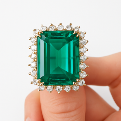 925 Sterling Silver Emerald Cut Green Stone Ring with Diamond Halo – Luxury Statement Ring for Women