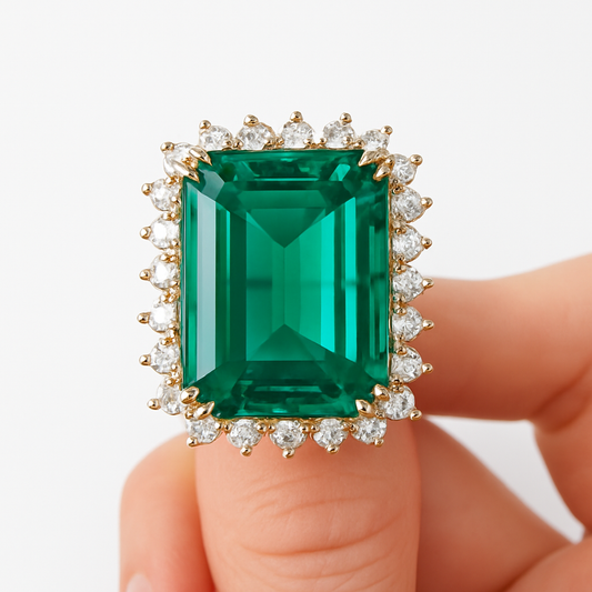 925 Sterling Silver Emerald Cut Green Stone Ring with Diamond Halo – Luxury Statement Ring for Women