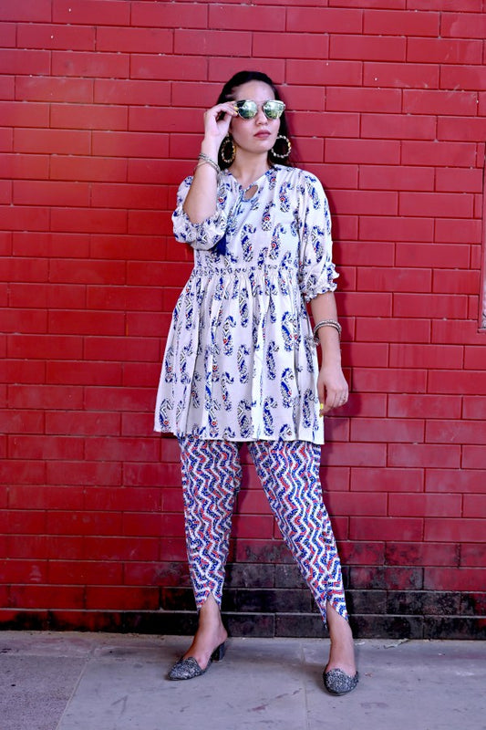 INDOSCART Cotton Dhoti Pant Kurta Set with Dupatta for Women | Blue & White Printed Ethnic Wear