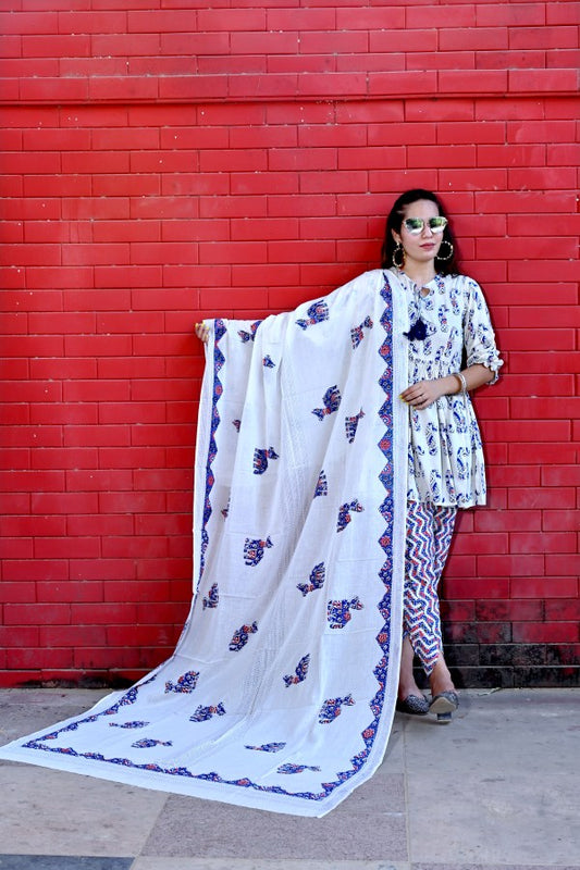INDOSCART Cotton Dhoti Pant Kurta Set with Dupatta for Women | Blue & White Printed Ethnic Wear