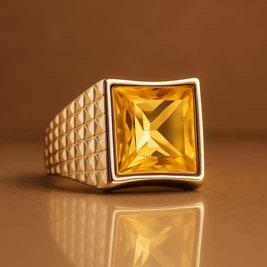 Men’s 925 Sterling Silver Ring with Yellow Citrine Stone – Bold Square Statement Ring