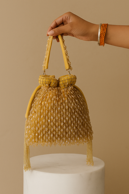 Golden Beaded Potli Bag with Crystal Drops – Indian Wedding & Party Purse