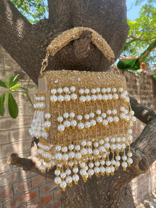 Golden Beaded Pearl Handbag | Handmade Bridal & Party Clutch for Women