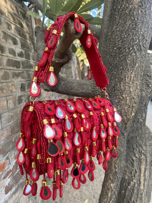 Hot Pink Beaded Handbag with Mirror Drop Work | Bridal & Partywear Clutch – Multiple Colors