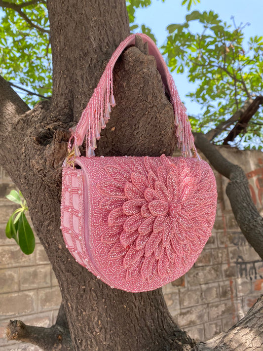 Pink Beaded Floral Clutch Bag with Fringe | Handmade Bridal & Party Shoulder Handbag