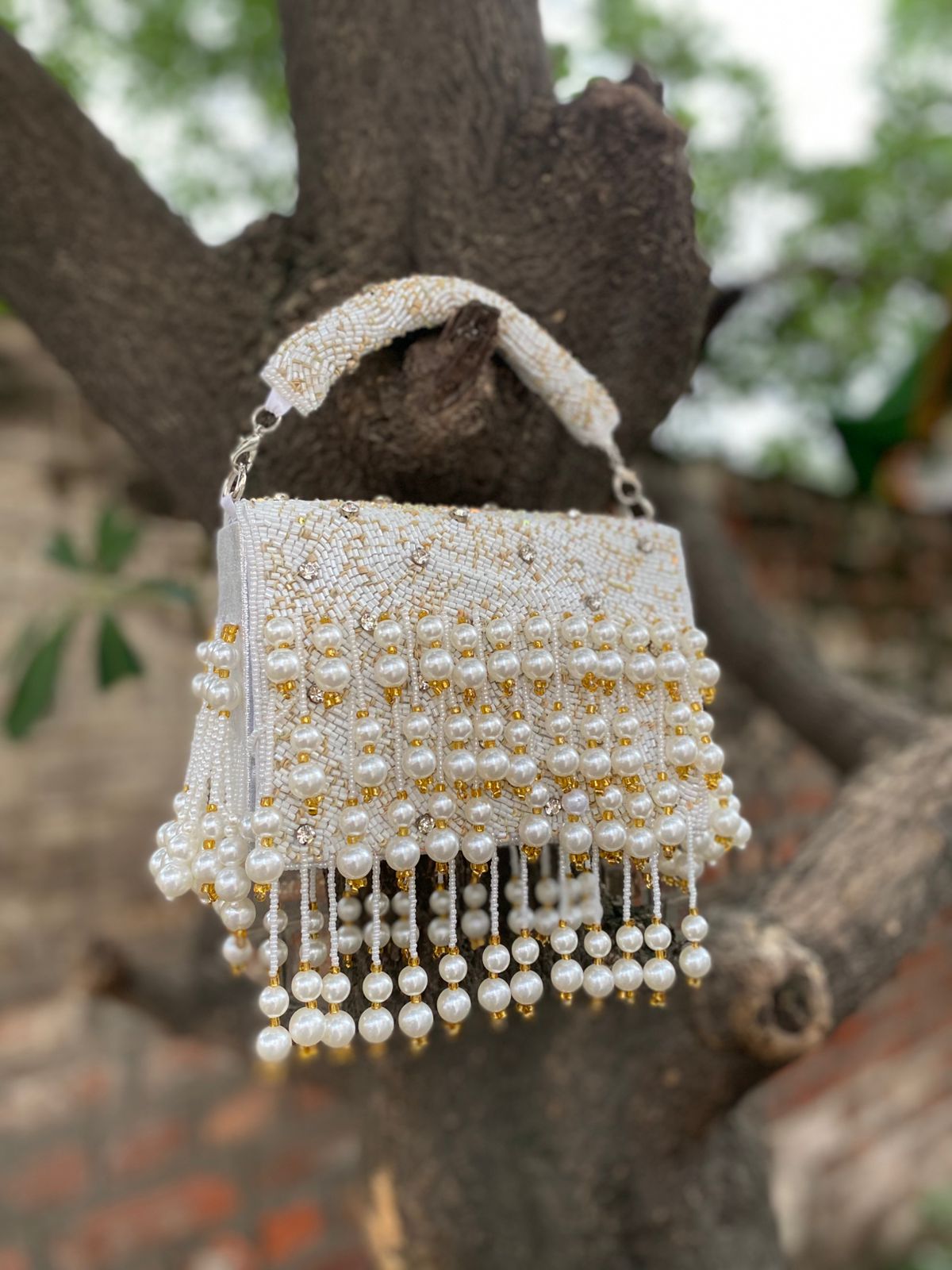 Golden Beaded Pearl Handbag | Handmade Bridal & Party Clutch for Women